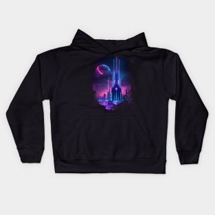 Neon City Night Landscape - AI Art Kids Hoodie